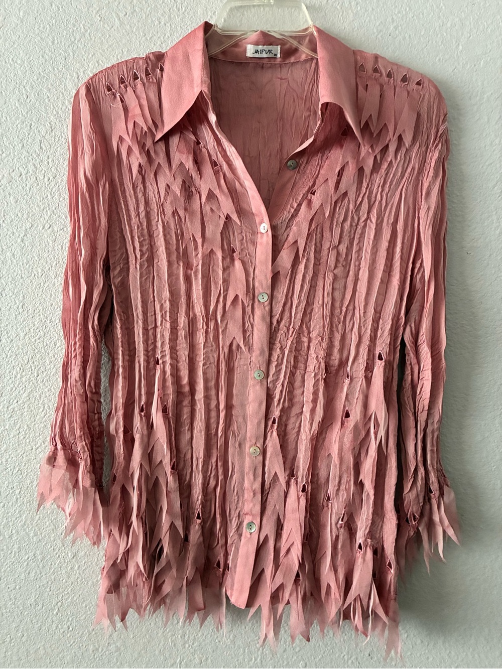 Jaipur XL Dusty Rose Pink Crinkle Cutout Button-Down Fringe Blouse Shirt